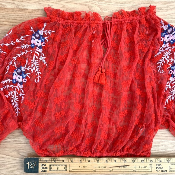 SOLD Free People Embroidered Red Sheer Race Blouse - Picture 6 of 8